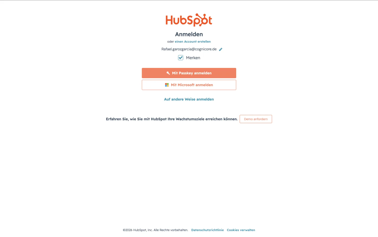 HubSpot Login-Seite mit Button 'Mit Microsoft anmelden'